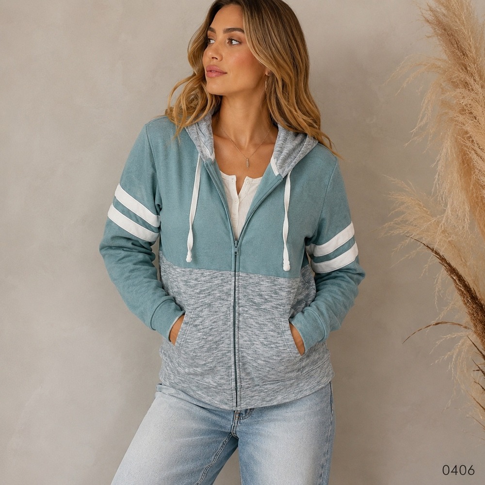 Victoria's Secret PINK Full Zip Hoodie Teal Grey Colorblock Varsity Stripe 0406